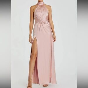 NWT Mac Duggal Sz 8 Shell Pink Open Back High Neck Side Ruched Gown